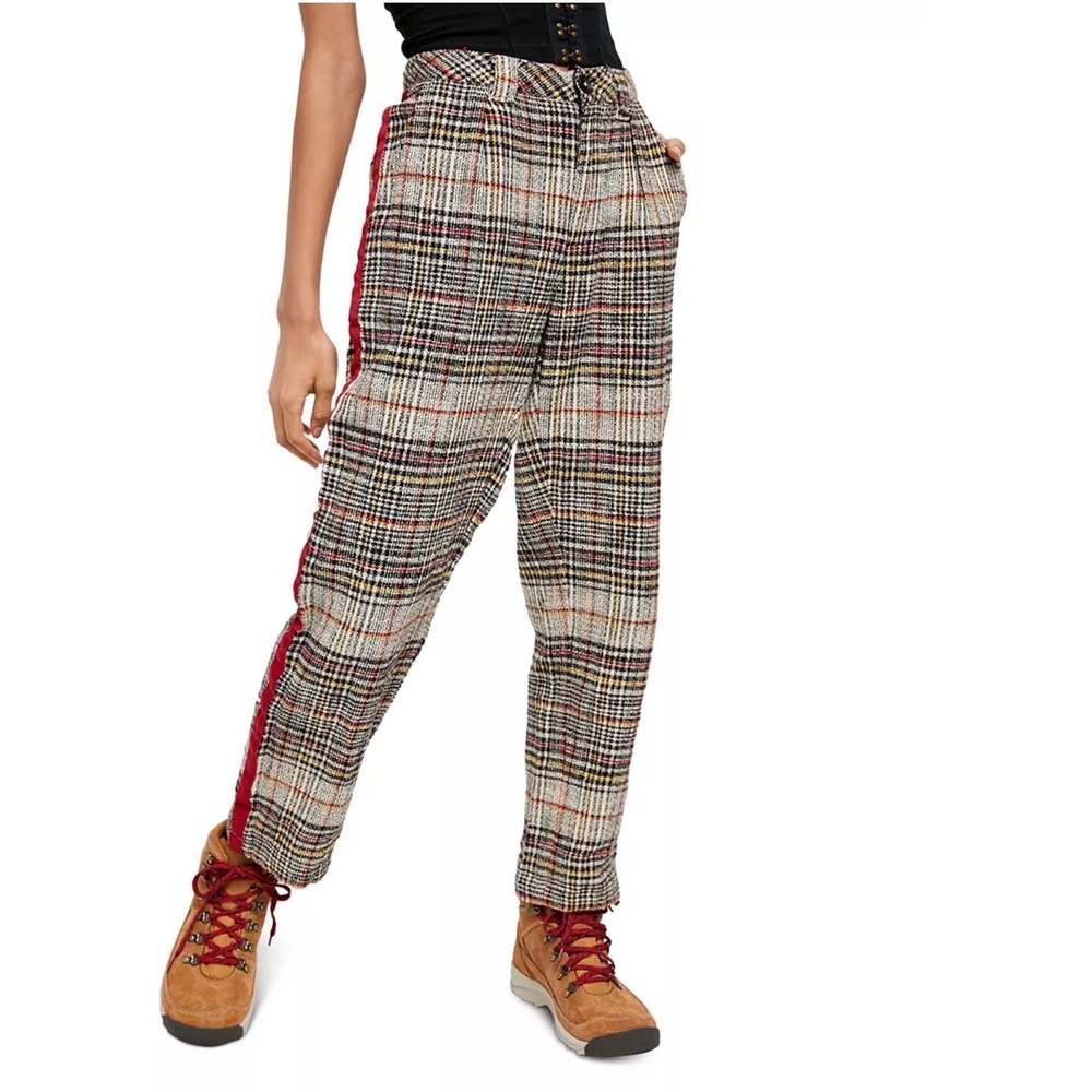 Free‎ People Plaid Tapered Pants Red Side Stripe High Rise Cotton Size 8